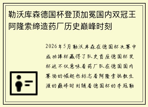 勒沃库森德国杯登顶加冕国内双冠王阿隆索缔造药厂历史巅峰时刻 勒沃库森德国杯登顶加冕国内双冠王阿隆索缔造药厂历史巅峰时刻